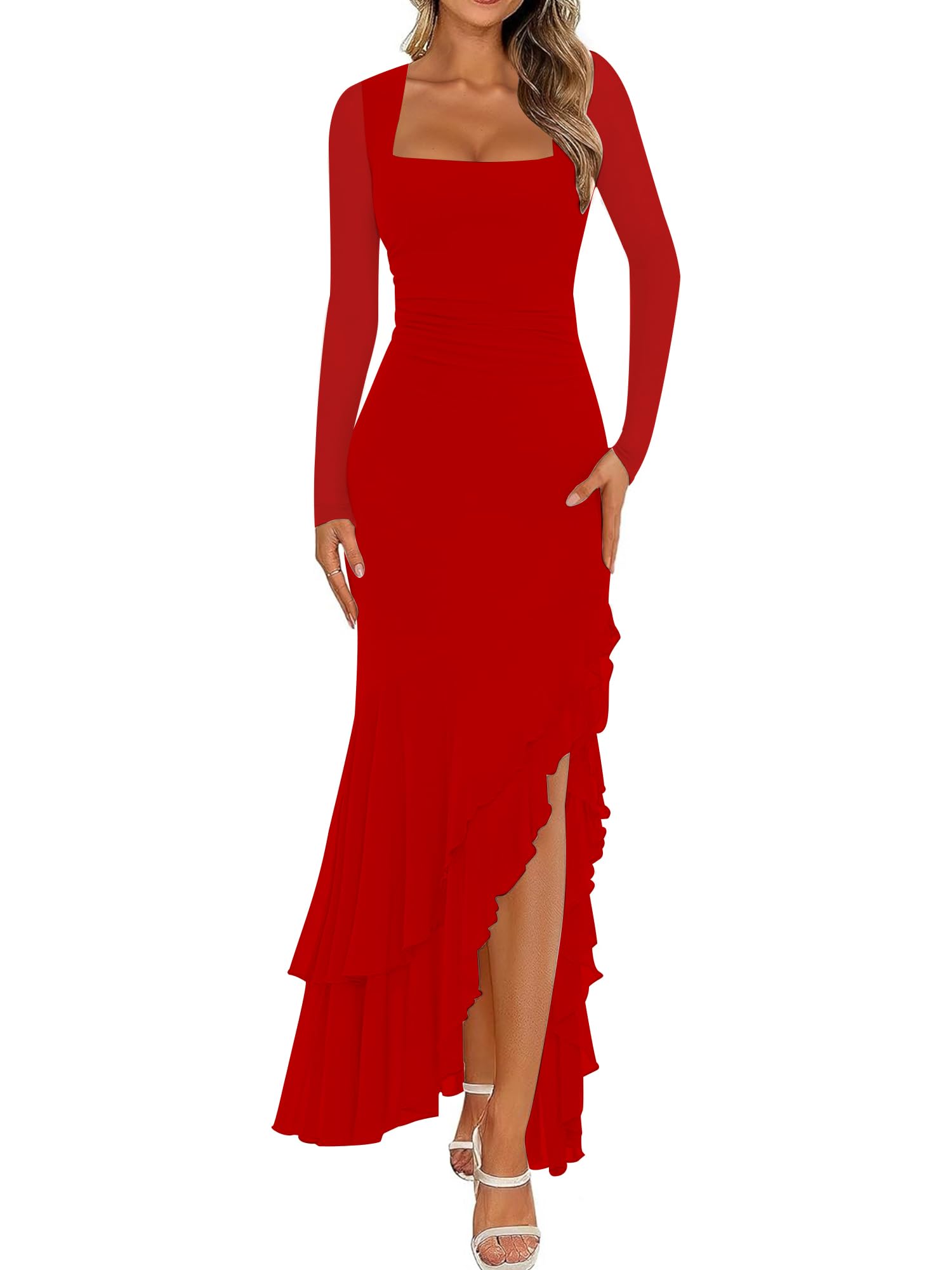 Photo 1 of BORIFLORS Women's Bodycon Ruched Mesh Long Sleeve Maxi Dress Mermaid Ruffle Formal Cocktail Party Long Dresses, Large, Red