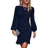 YNIQUE Women's Long Sleeves Bodycon Mini Dress Ruched Puff Sleeve Ruffle Hem Round Neck Cocktail Party Work Office Dress