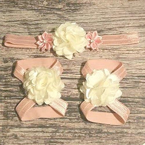 Dusty Rose Mini Satin Rhinestone and Cream Tulle Mesh Headband and Barefoot Sandals Set