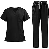 VICOGARD Scrubs Set for Women Medical Uniform–Stretch V-Neck Top & Straight Leg Pants with 9 Pockets for Nurse Workwear