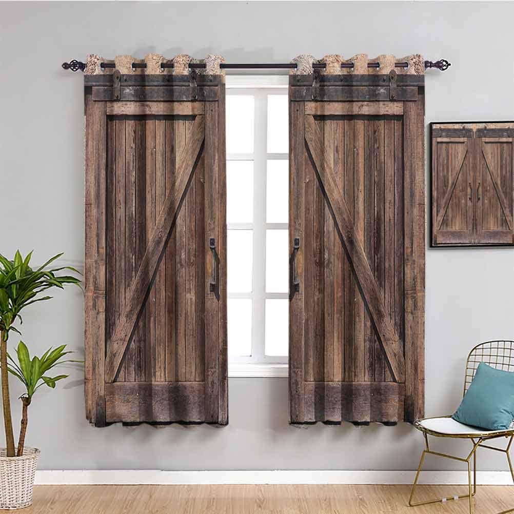 Rustic Premium Blackout Curtains Wooden Barn Door in Stone Farmhouse