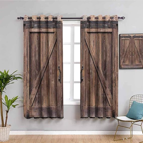 Rustic Premium Blackout Curtains Wooden Barn Door in Stone Farmhouse