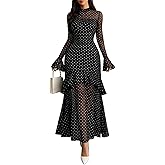 GothDark Womens Floral Maxi Dress Sheer Mesh Bell Sleeve Tiered Ruffle Gothic Romantic Casual Long Dresses