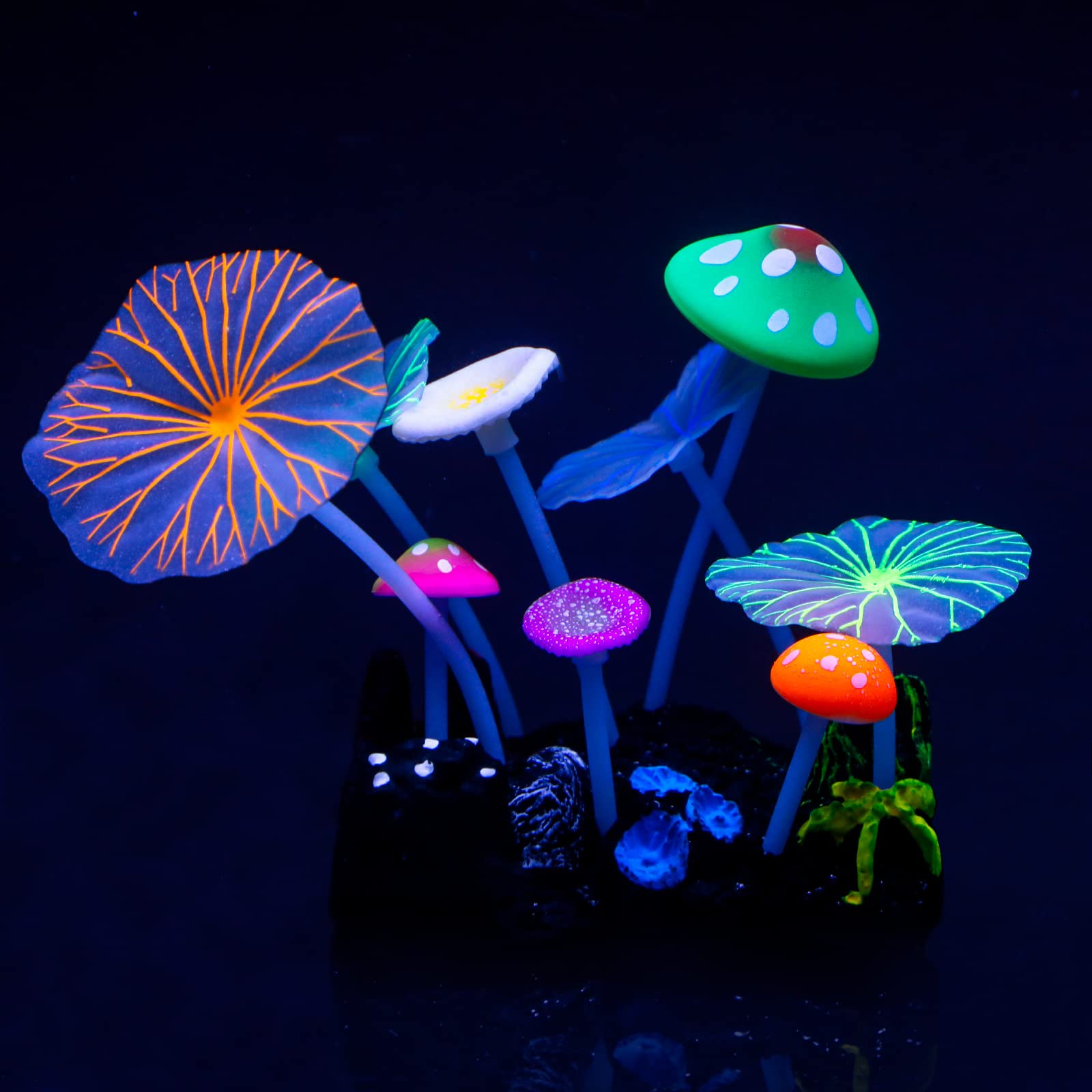 Uniclife Aquarium Coral Plant Ornament with Glowing Effect Imitative Mushroom Lotus Leaf Decoration Addition Colorful Lifelike Silicone Decor for Fish Tank Landscape