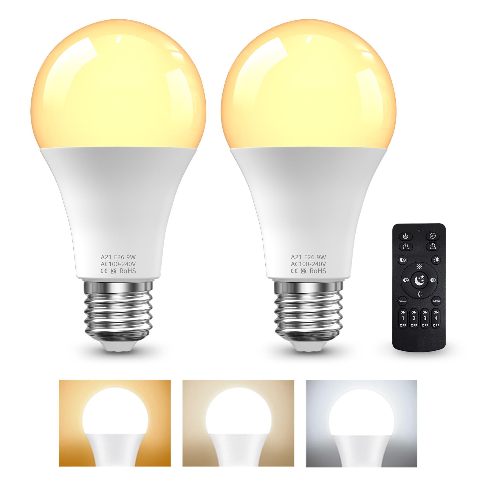 Photo 1 of E26 LED Light Bulbs with Remote Control, 9W LED Bulbs 60W Equivalent, 3000K-6000K Stepless Dimmable, E26 Base, Remote Control Light Bulbs with Timing, Memory Function, for Home Decor, 2Bulb & 1Remote