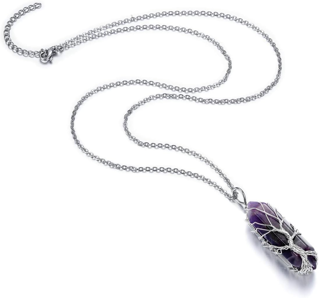 JOVIVI Tree of Life Amethyst Crystal Pendant Necklace Silver Wire Wrapped Purple Gemstone Healing Point Chakra Quartz Necklace for Women Men - Image 4