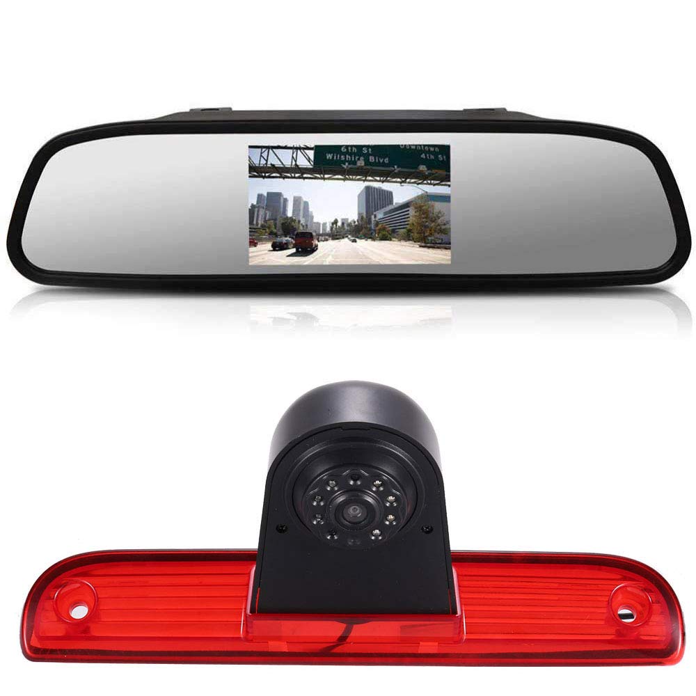〔12mm Lens CMOS Camera + 4.3'' Rearview Mirror〕Car HD 3rd Brake Light Reverse Camera Kit for Transporter Business MPV SUV Bus Van/Fiat Ducato X250 X290 Bus Kasten/Peugeot Boxter/Jumper 2006