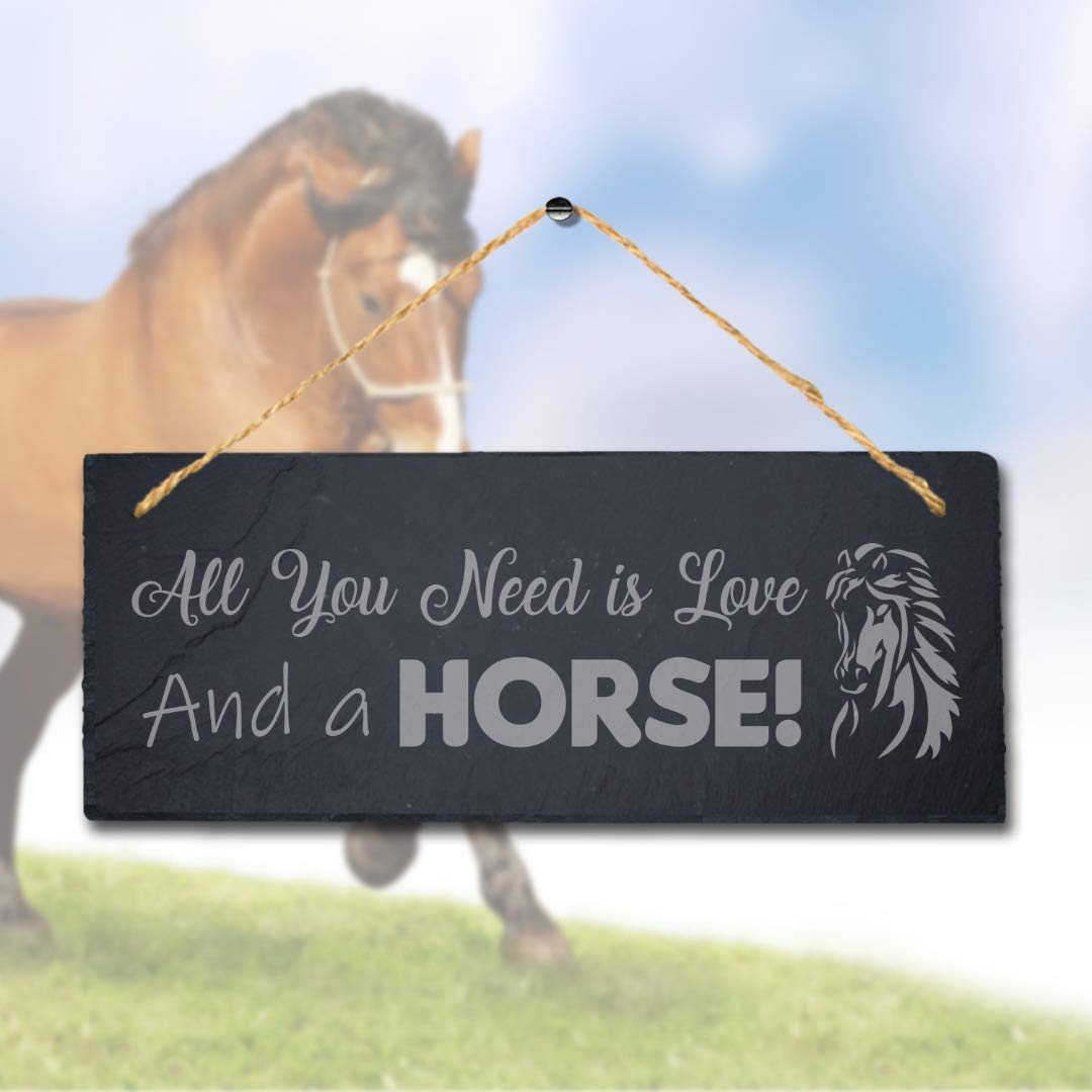 Stukk All You Need is Love Laser Hanging Horse Shed Sign, Natural Engraved Slate Stone Plaque, 30x12cm