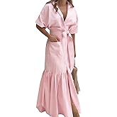 utcoco Women's 2025 Summer Casual Striped Button Down Maxi Dress Tie Waist Short Sleeve Shirt Dress with Pockets