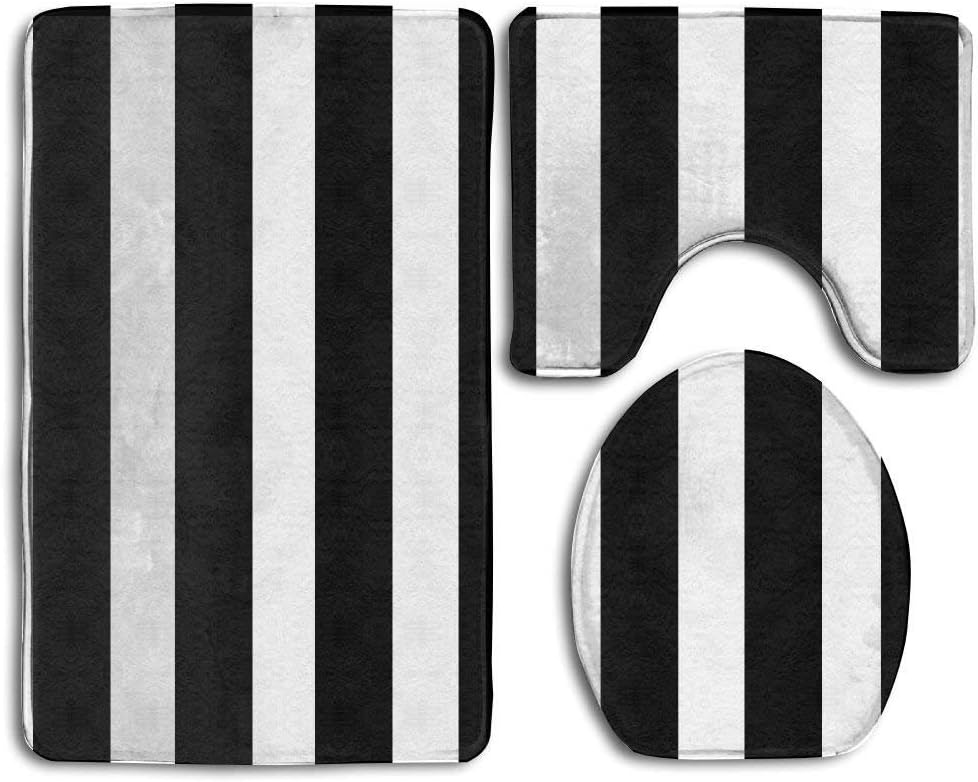 Black White Striped Non Slip Large Home Bathroom Rugs Doormats,Soft Toilet Rug U-Shaped Mat,ty Round Toilet Lid Cover 3 Pieces Set