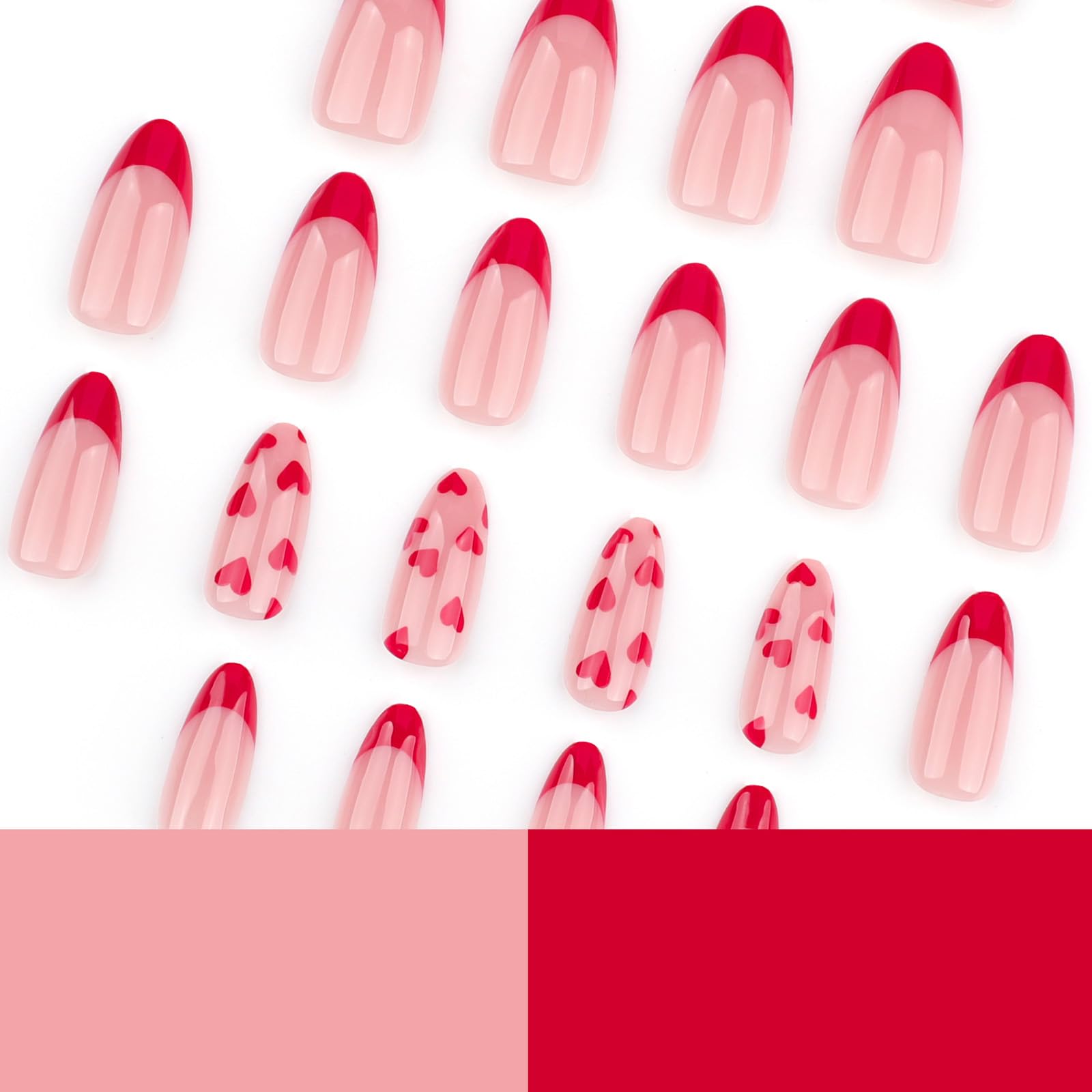 Red Valentines Press on Nails Heart Design Fake Nails Almond Shape Red French Tip Valentines Acrylic Nails Medium Length Glue on Nails Glossy Red Heart Stick on Nails for Women - Image 4