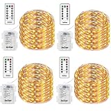 4 Pack Christmas Fairy String Lights, Battery Operated Waterproof 8 Modes Remote 50 Led 16.4ft Indoor Lights Copper Twinkle Lights for Bedroom Wedding Party Dinner Festival Decor (Warm White)