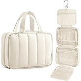BAGSMART Travel Toiletry Bag for women, Portable Hanging Hook Makeup Bag Organizer, Waterproof Makeup Cosmetic Bag, for Full-Size Accessories, Toiletries, Beige