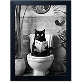 Black and White Bathroom Wall Decor Funny Black Cat Sitting on Toilet Reading Newspaper Humorous Bathroom Wall Art Small Framed Animal Canvas Print Artwork