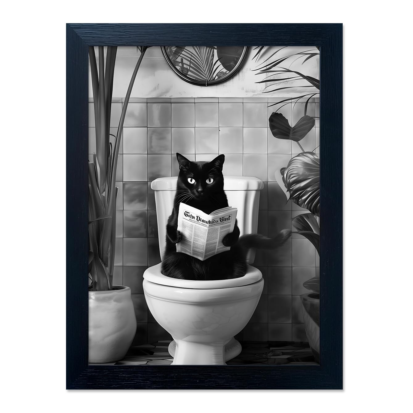 Black and White Bathroom Wall Decor Funny Black Cat Sitting on Toilet ...