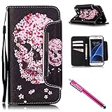 Galaxy S7 edge Case, Firefish Kickstand Flip [Card Slots] Wallet Cover Double Layer Bumper Shell with Magnetic Closure Strap Case for Samsung Galaxy S7 edge-Skull
