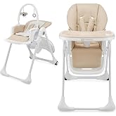 Kinderkraft Tummie, 2-in-1 high Chair, Baby Chair, Ergonomic, Comfortable, Reclining, Foldable, with Ajustable Height, Footrest, Detachable Tray, for Toddler, with Toys, Beige