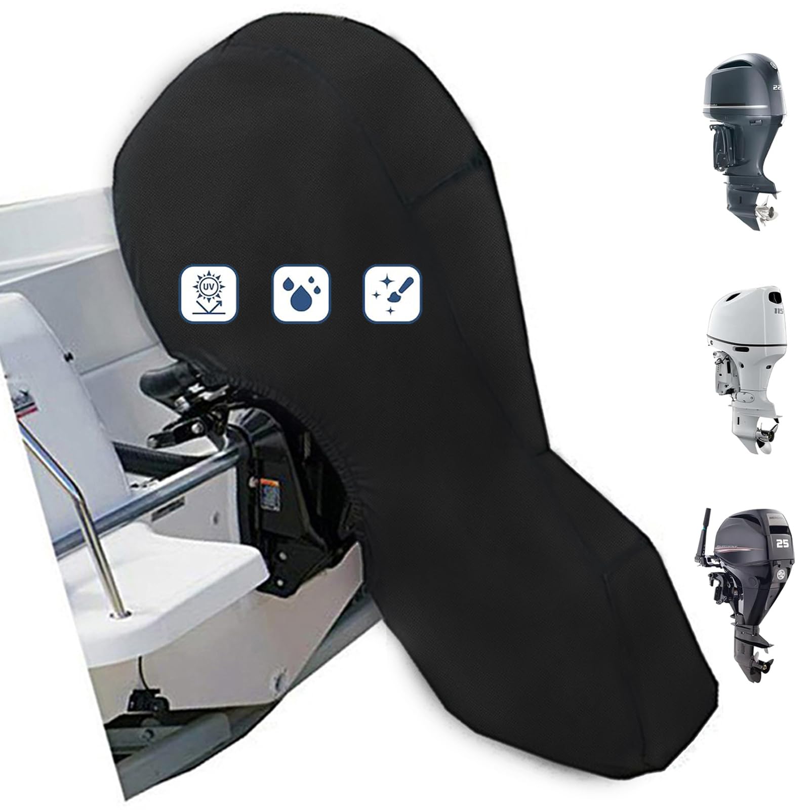 Photo 1 of **reference8**FLYMEI Outboard Motor Cover Fit 100-150 HP Motor, Full Boat Motor Cover Waterproof 600D Heavy Duty Oxford Fabric with PU Coating, Windproof Outboard Engine Hood Covers with Zipper, Universal, Black