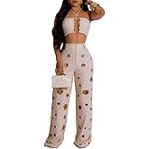 BOKITECAO Womens Sexy Hollow Out 2 Piece Outfit Crop Tops Pants Sets Bodycon Jumpsuits Outfits