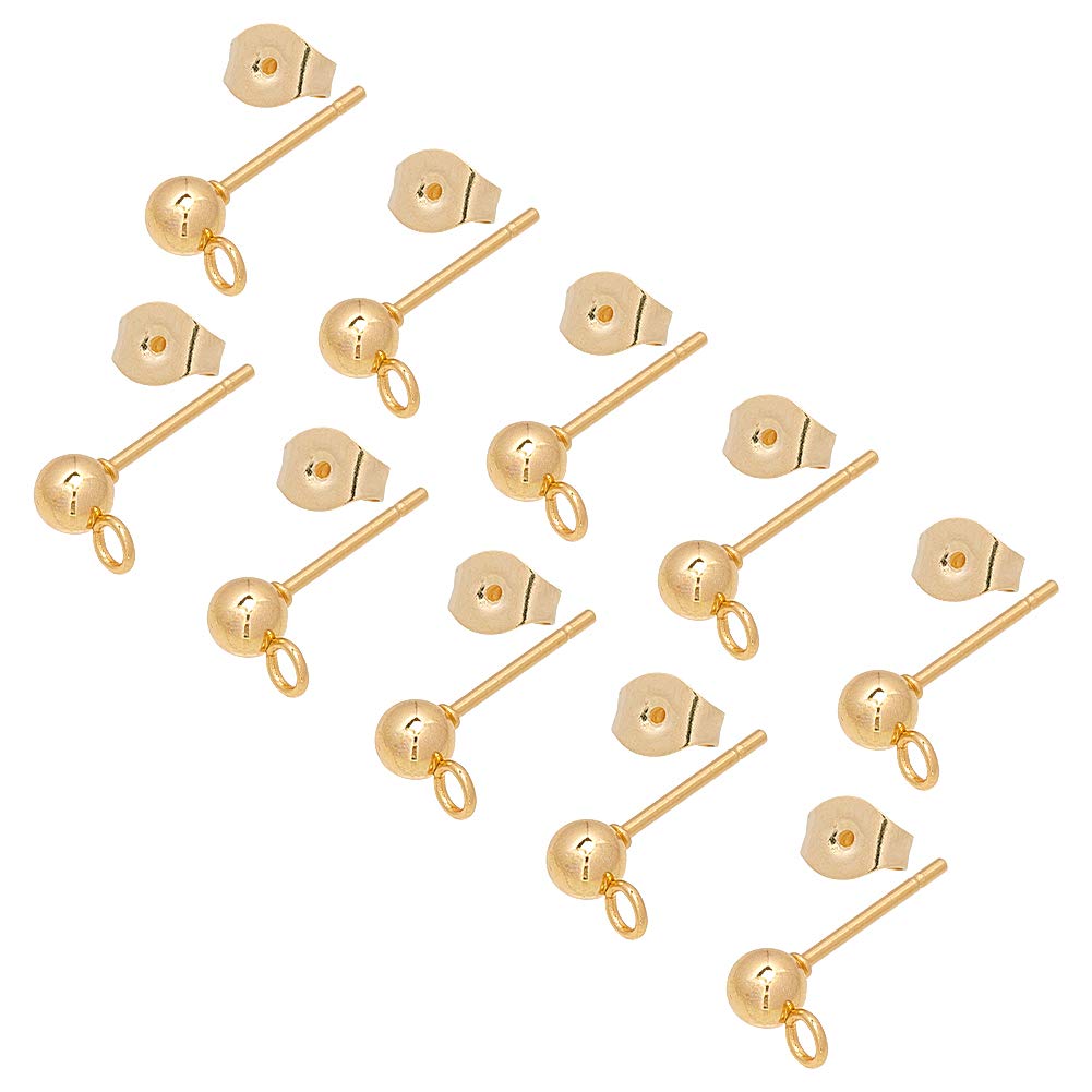 UNICRAFTALE 50pcs Stainless Steel Stud Earrings 0.7mm Pin Ball Ear Studs Components with Open Loop Golden Ball Stud Earring with Ear Nuts Jewelry Findings for Earring Making, 2mm Hole — image 1