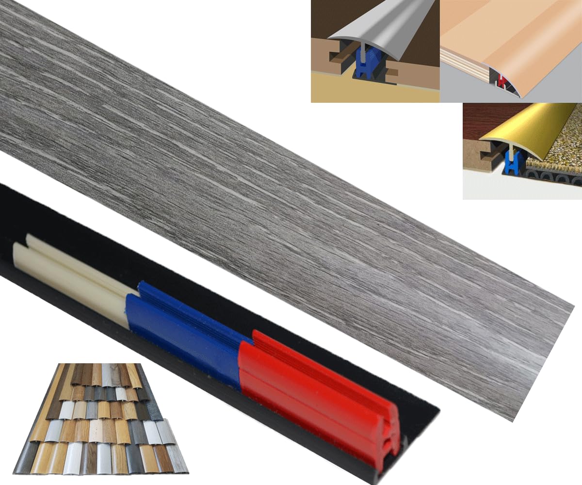 Laminated Threshold Strip Clip System 38mm x 90cm Multi-Height & Pivot Self Adhesive Easy Fit (Silver Grey)