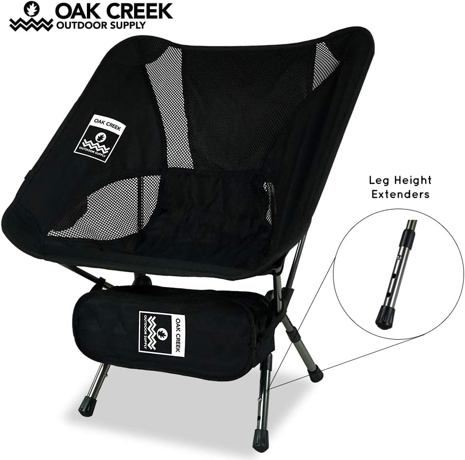 Oak Creek Lightweight Collapsible Chair for Camping, Backpacking, and More. Features Sturdy Aluminum Frame, Extendable Legs, and Carrying Bag. Folds Down to 14 x 5 x 5 Inches and Weighs 2 Pounds