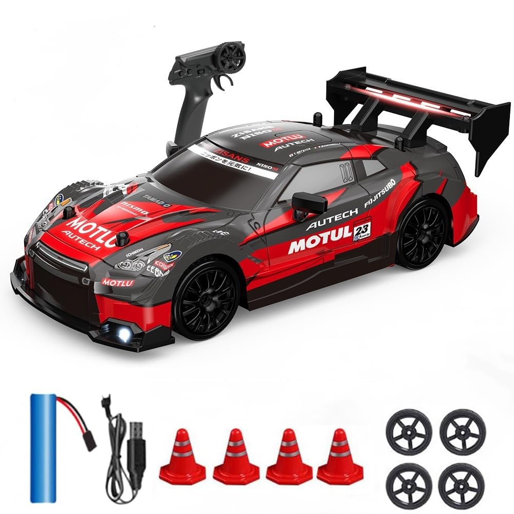 KBIBCK RC Drift Car 1:24, 2.4Ghz Remote Control Car with Cool Lighting, 30km/h High Speed 4WD Racing RC Drifting Cars, Rechargeable Mini RCDrift Cars, Gifts for Kids Adults, for Drift and Race (Red)