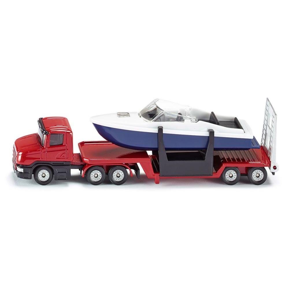 siku 1613, Low Loader with Boat, Metal,Plastic, Red,Blue,White, Opening stern flap, Floatable boat — image 1