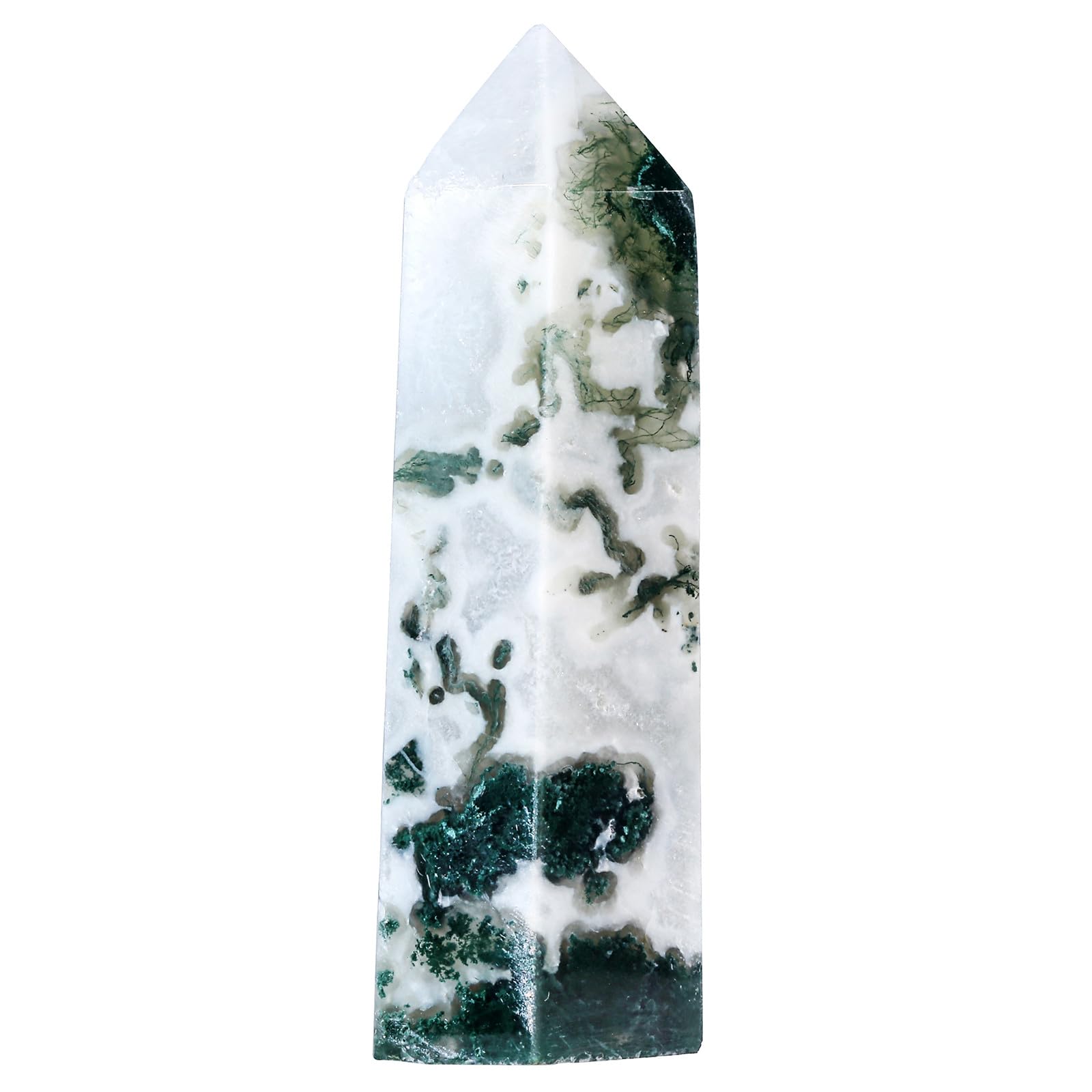 mookaitedecor Natural Moss Agate Crystal Tower Point Wand for Healing 81-106mm, Rare Geode Quartz Hexagonal Wand Healing Stone Reiki Chakra Meditation Desk Decor Green White Crystal Gift with Box