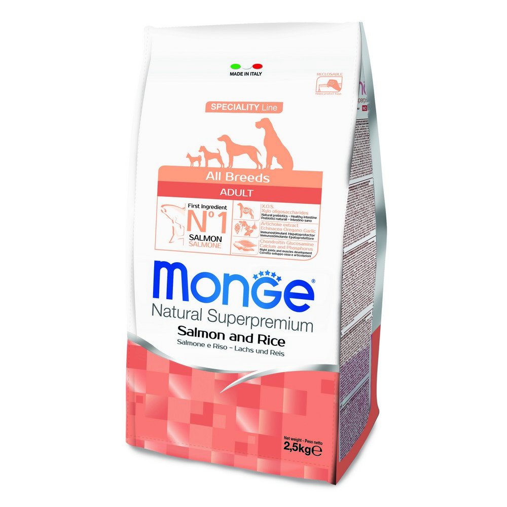 Monge Natural Superpremium Adult Salmon and Rice Dog Food for All Breeds (Dry Dog Food with Salmon and Rice, Very High in Fiber and Vitamins, 2.5kg)