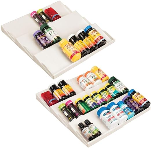 Amazon Com Mdesign Plastic Adjustable Expandable Vitamin Rack Drawer Organizer Tray Insert For Bathroom Vanity Drawers 3 Slanted Storage Shelves Supplements Medication 2 Pack Cream Beige Home Kitchen