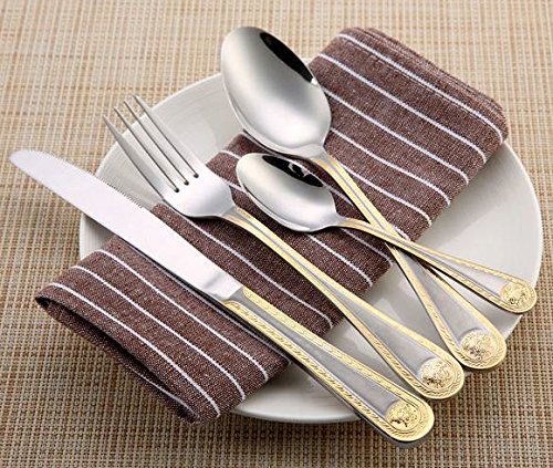 Venezia Collection 'Greek' 85-pc Luxury Flatware Set, Dining Silverware Cutlery Service for 12, Premium 18/10 Surgical Stainless Steel, 24K Gold-Plated Hostess Serving Set, Wood Storage Chest - Thumbnail 3