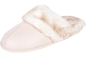 Jessica Simpson Women's Comfy Faux Fur House Slipper Scuff Memory Foam Slip on Anti-Skid Sole