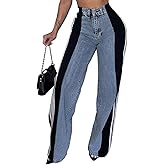 knowfashionstyle Womens Jeans High Waisted Wide Leg Patchwork Stripes Stretchy Jean Color Block Straight Trendy Demin Pants