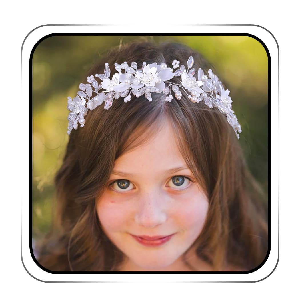 IYOU Flower Girl Headband White Floral Communion Headpiece Pearl Crystal Hair Pieces Bridal Wedding Hair Accessories for Princess Girls