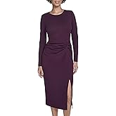 Calvin Klein Womens Long Sleeve Knotted Waist Crepe Midi Slit Dress