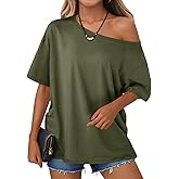 Tankaneo Womens Oversized Off The Shoulder T Shirt Cotton Short Sleeve Casual Tunic Tops Summer Loose Fit Flowy Tees