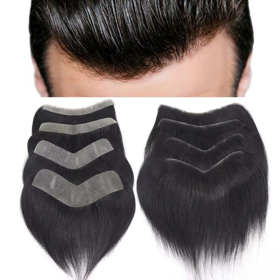 Photo 1 of HAPPY&CC Forehead Hairline Toupee for Men: High Density Human Hair Skin PU Mens Front Hair Piece V Loop Frontal Hair Topper for Receding Natural Hairline Replacement Systems 1B Black 16x1.5cm