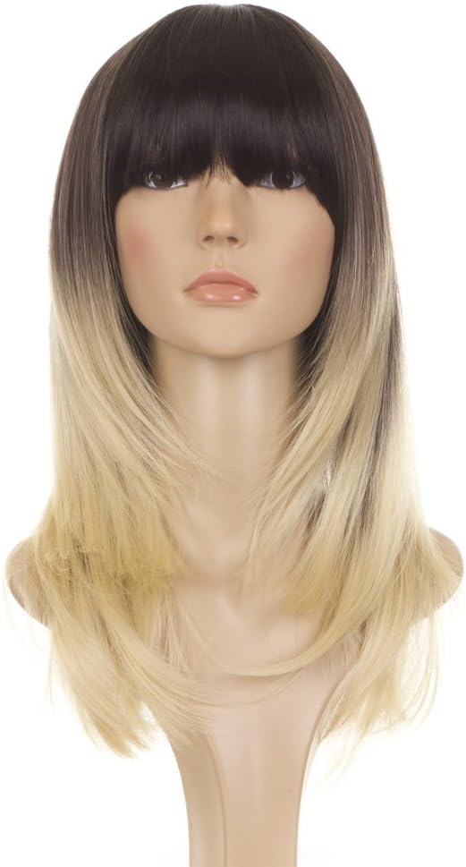 Ombre Long Straight Feather Cut Wig Brown Graduating To Blonde