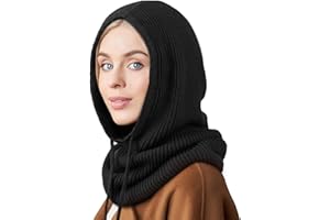 AQOKKA Hooded Scarf Hat Knit Balaclava Women Beanie Skull Cap with Drawstring Warm Winter Hats for Women Men Outdoor Sports