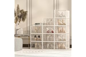 12 Pack Shoe Storage Box Clear Plastic Stackable Shoes Organizer for Cabinet Closet Space Saving Foldable Sneaker Organizers 