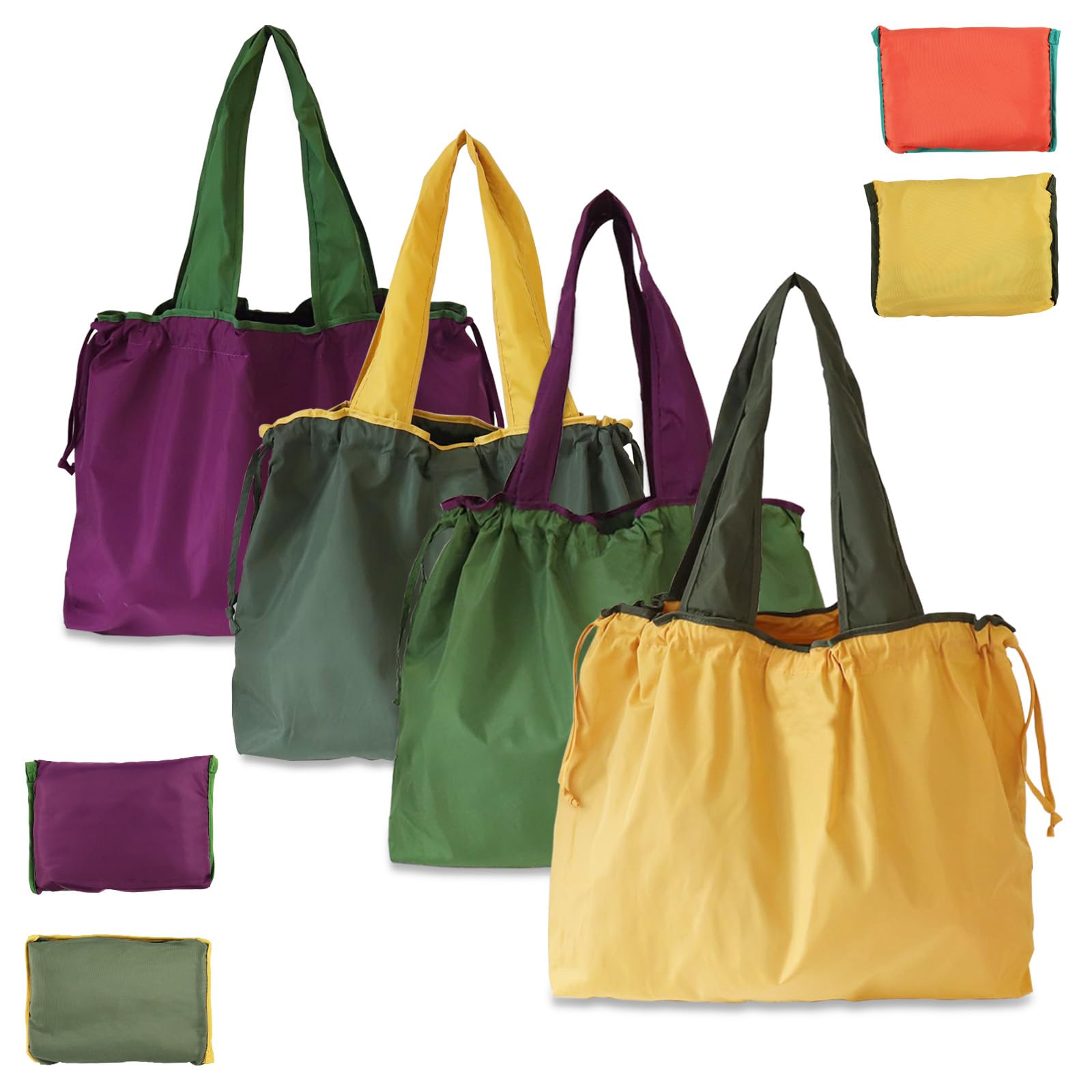 Realand Reusable Grocery Bags 4 Pack Large Heavy Duty Ripstop Shopping Colorful Foldable Tote Bulk with Pouch & Drawstring Machine Washable Nylon Lightweight for Pocket