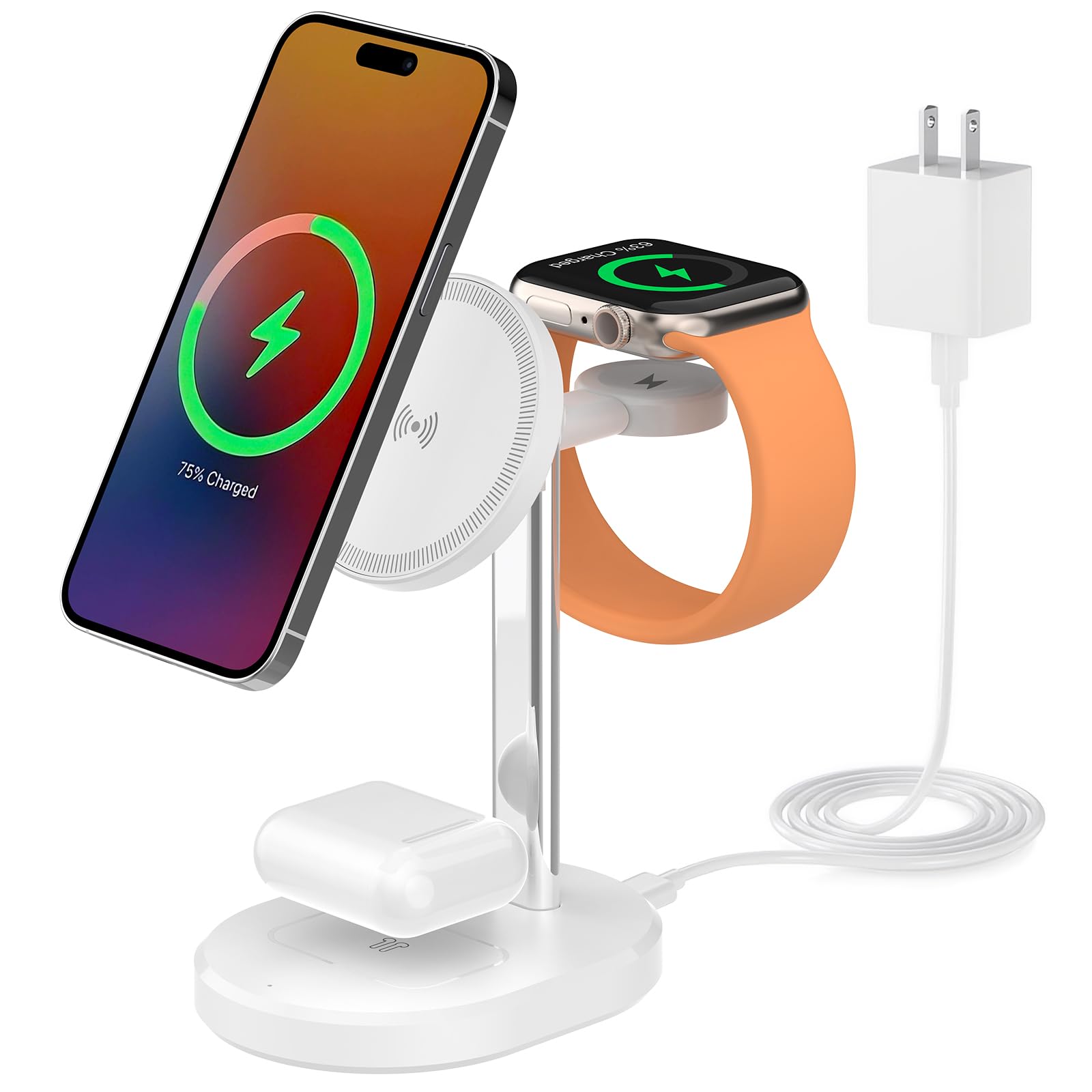 Photo 1 of 3 in 1 Wireless Charging Station,Detachable Apple Watch Charger & 15W Charger Stand for MagSafe for iPhone, Wireless Charger for Multiple Devices iPhone 16/15/14/13&Watch&AirPods?White?