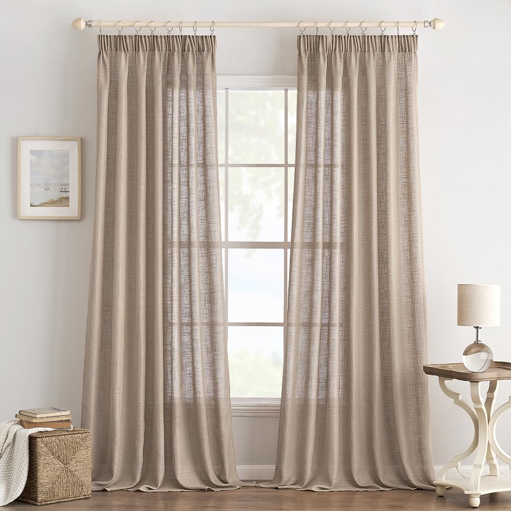 EMEMA Transparent Linen Curtains with Webbing Translucent Curtain for Indoor Modern Sailing Curtains for Balcony Doors Suitable for Living Room Bedroom 2 Panels 140 x 225 cm Dark Brown