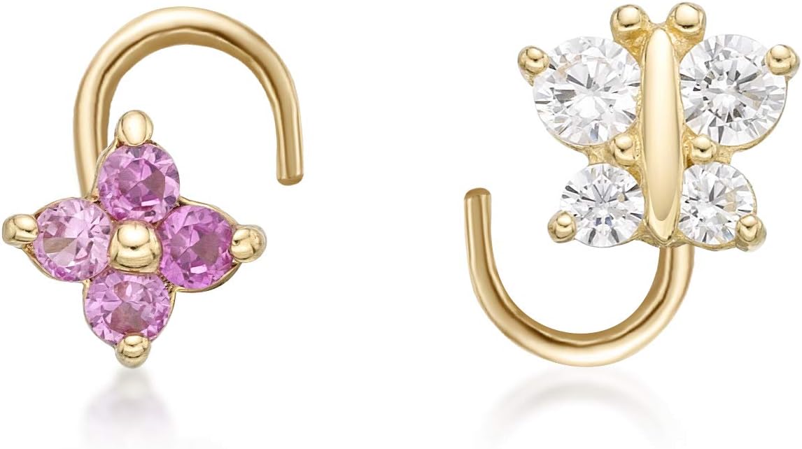 Lavari Jewelers 22 Gauge Curved Screw White Butterfly Pink Flower Nose Ring Set for Women in 14k Yellow Gold Piercing Jewelry Set