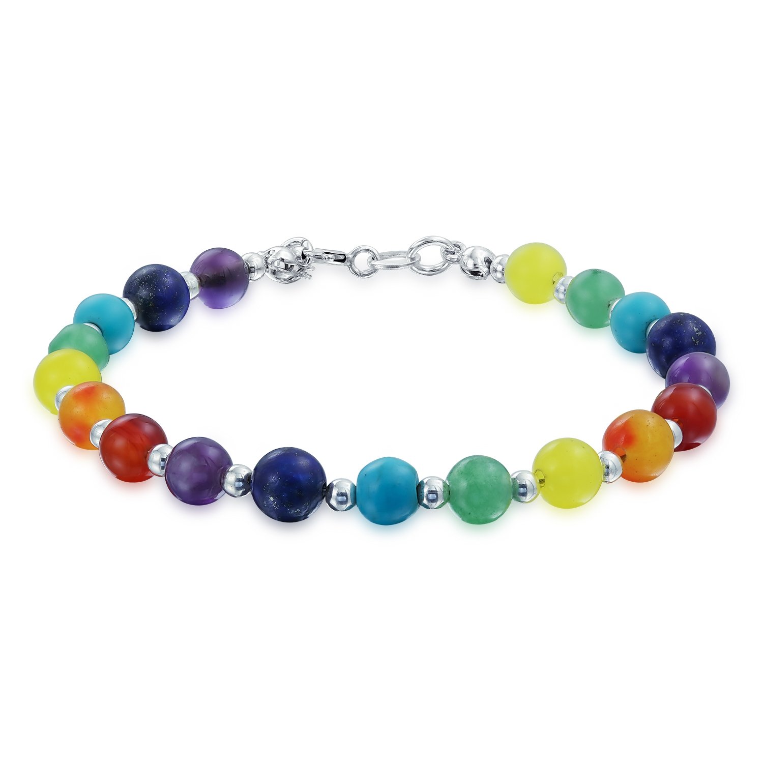 Bling Jewelry Spiritual Multicolor Colorful Healing Gemstone Yoga Beads Strand Chakra Bracelets Meditation Relax For Women Teen .925 Sterling Silver Bead Lobster Clasp 7.5 Inch