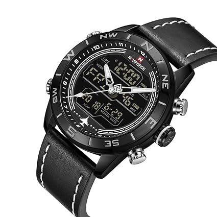 NAVIFORCE Genuine Leather Chronograph Analog Digital Wristwatch for Men - Black + Kids Sport Watch