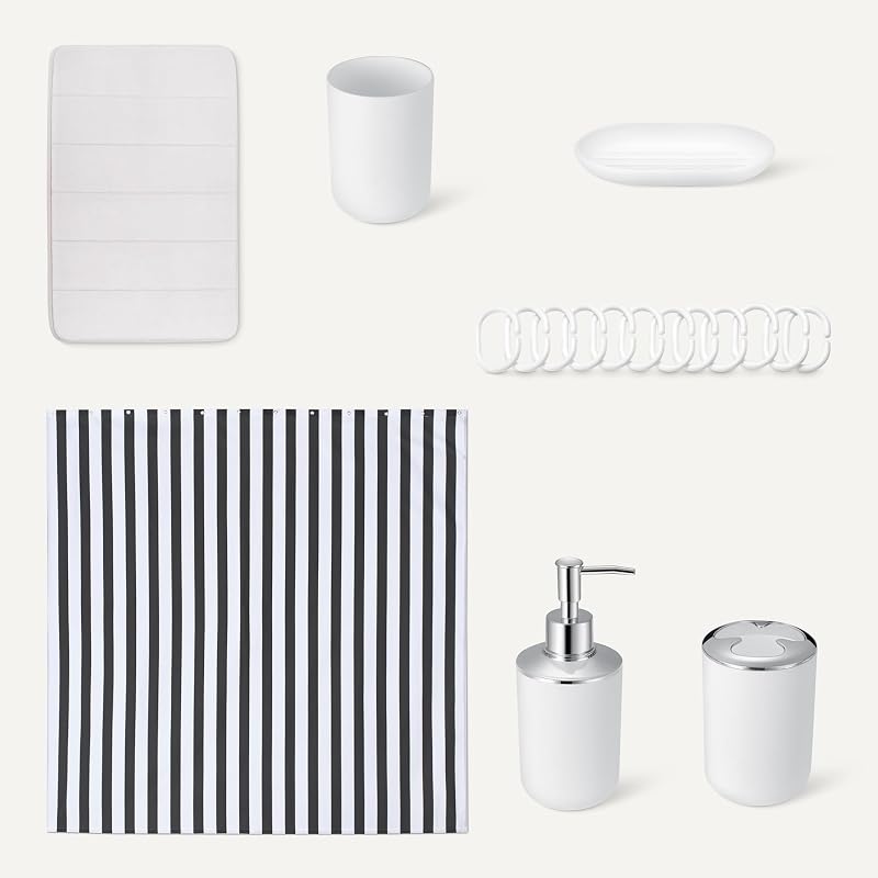 Set Accessori Bagno: Tenda Doccia con Ganci, Tappetino Bagno in Memory Foam, Dispenser Sapone, Portasapone, Portaspazzolini & Bicchiere, Bianco — foto 5 di 5