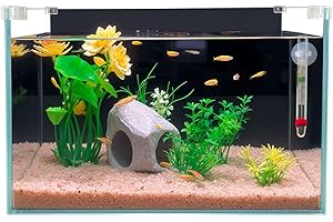 CICK SEED 3.4-Gallon Ultra Clear Low Iron Glass Fish Tank Kit, Fish Tank for Betta Fish, with Fish Hideaway, Artificial Water Plants, Thermometer, and PH Test Paper