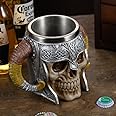 Meyas Viking Skull Beer Mug Tankard 17oz, Stainless Steel Double Handle Horn Coffee Cup, Medieval Skull Drinkware Mug for Bee